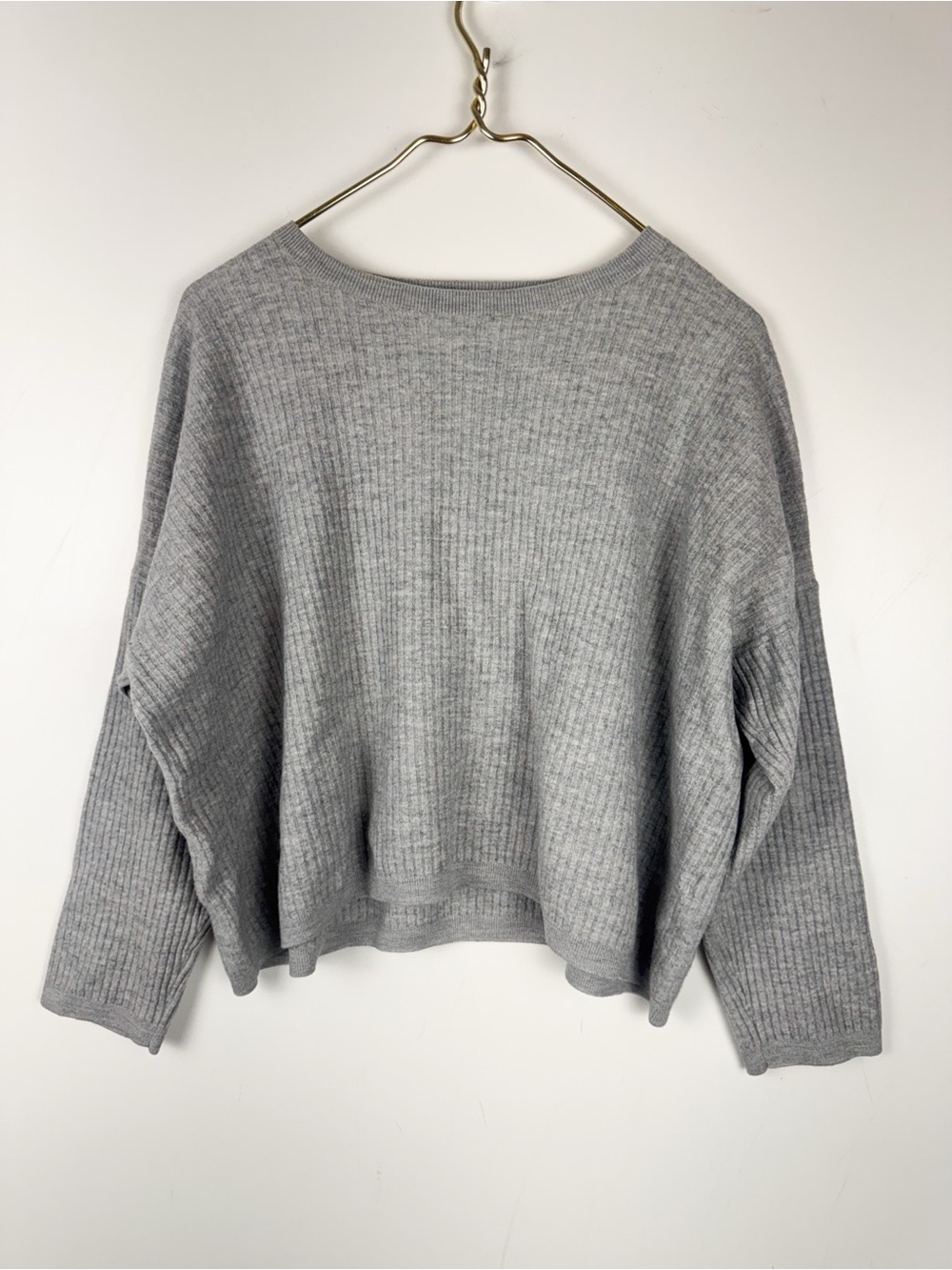 Eileen Fisher XL Heather Grey Wool Rib Knit Boxy Sweater Italian Yarn Minimalist